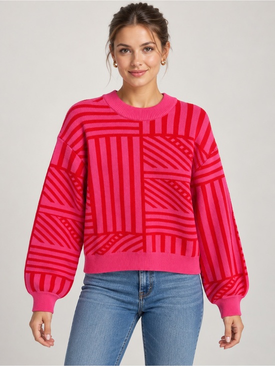 THML Sweaters - Pink & Red Geometric Crewneck Sweater - Women